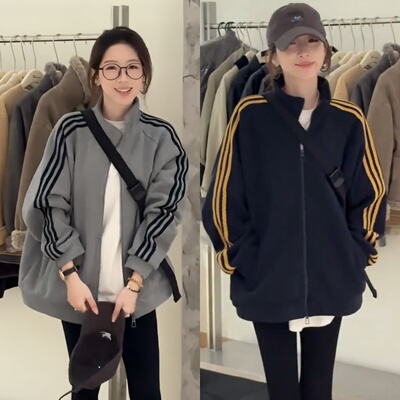 三条杠立领加绒加厚卫衣外套女2025冬季新款简约潮流保暖男女上衣