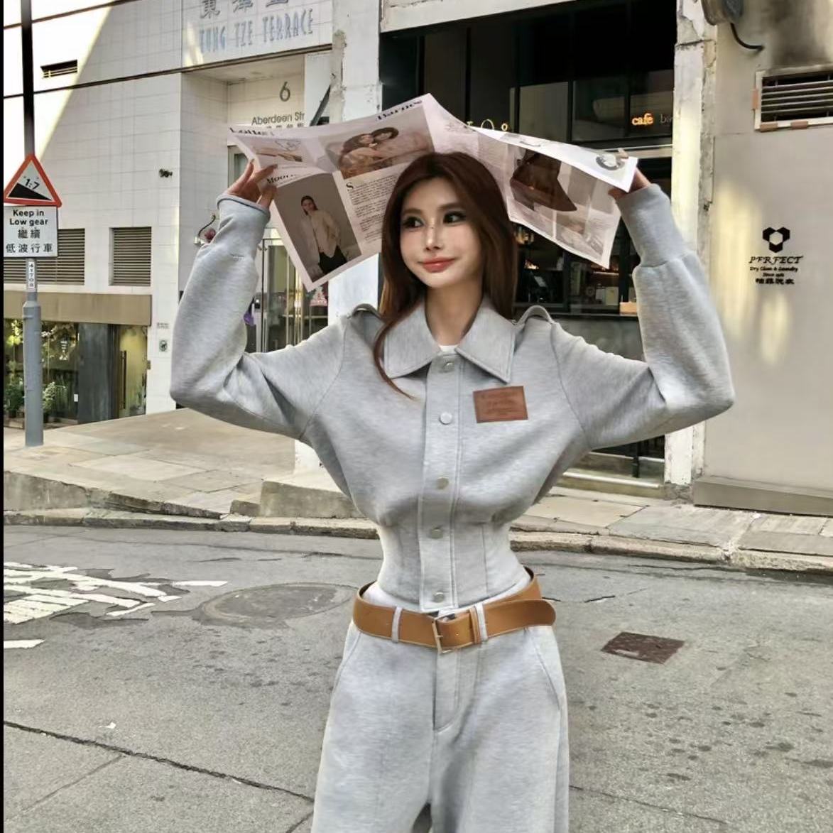 巨好看灰色收腰衬衫领长袖短款外套女2025秋季新款时尚百搭上衣潮