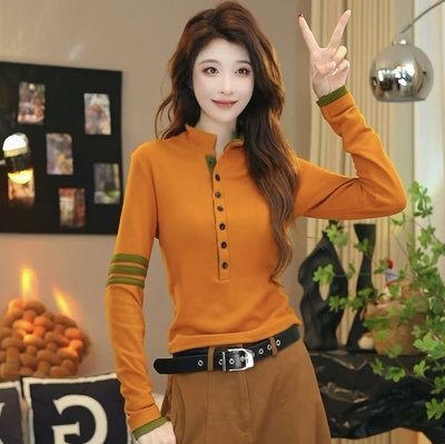 撞色半高领双面德绒保暖长袖打底衫T恤女2025秋冬新款修身短上衣