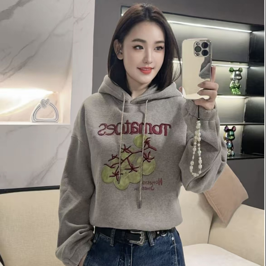 刺绣印花西红柿加绒连帽卫衣女2025冬季新款保暖双面绒百搭上衣厚