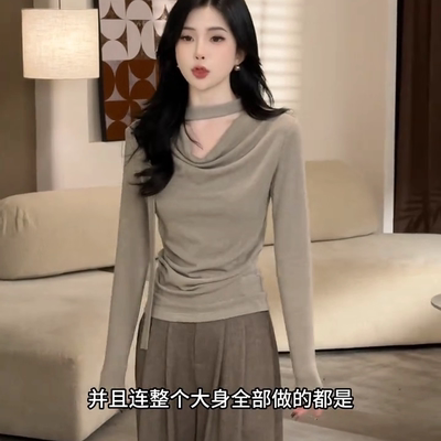 通勤设计荡领飘带长袖t恤女2025秋季新款气质捏褶百搭打底衫上衣