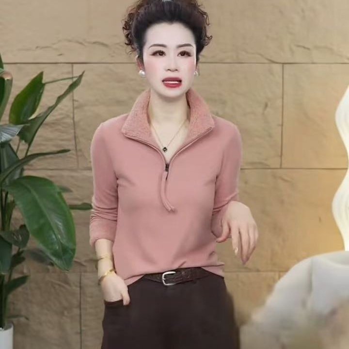 毛毛领双面德绒立领长袖打底T恤女2025秋冬新款半拉链修身上衣厚