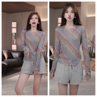 网纱爱心印花防晒衣女长袖t恤2025夏季新款休闲百搭宽松上衣透气