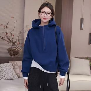 秋冬加绒加厚半拉链带帽卫衣女2025新款常规慵懒保暖套头打底上衣