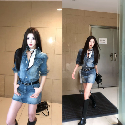 港风翻领纽扣洗水牛仔连衣裙女2026春季新款显瘦做旧辣妹包臀短裙