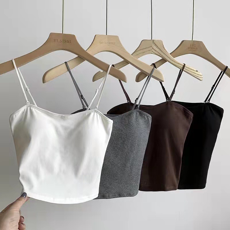 纯棉乳胶一体固定杯吊带背心女 可外穿百搭抹胸聚拢修身打底上衣