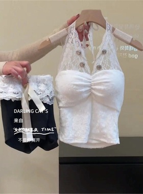 法式绝美漂亮纯欲性感V领蕾丝挂脖带胸垫吊带背心女无袖抹胸衣服