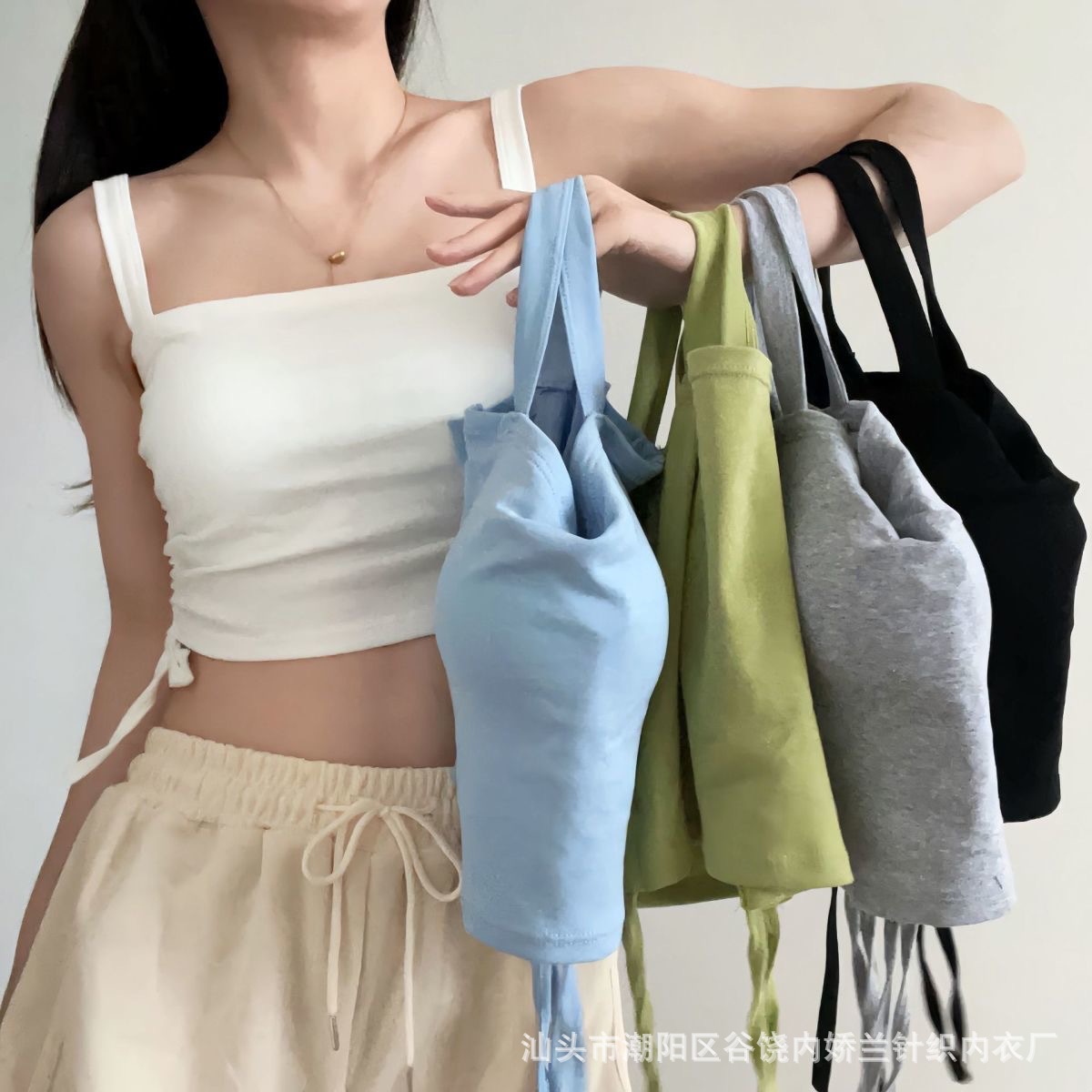 绑带抽褶吊带背心女纯色内搭外穿抹胸带胸垫美背修身显瘦打底上衣