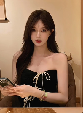 TZ3377黑色绑带抹胸背心女小众设计感别致性感辣妹外穿短款上衣