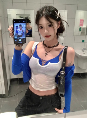 新款两件套微透天丝背心小吊带修身显瘦上衣内搭性感纯欲交叉裹胸