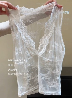 2024春夏季小众纯欲甜酷修身镂空蝴蝶结针织衫叠穿蕾丝背心女