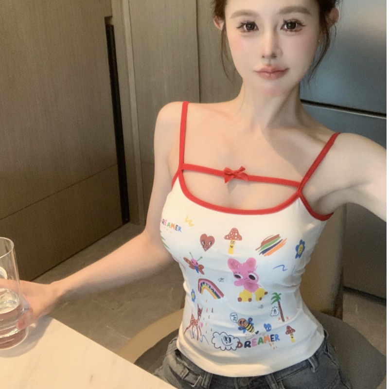 甜辣风蝴蝶结卡通涂鸦吊带背心