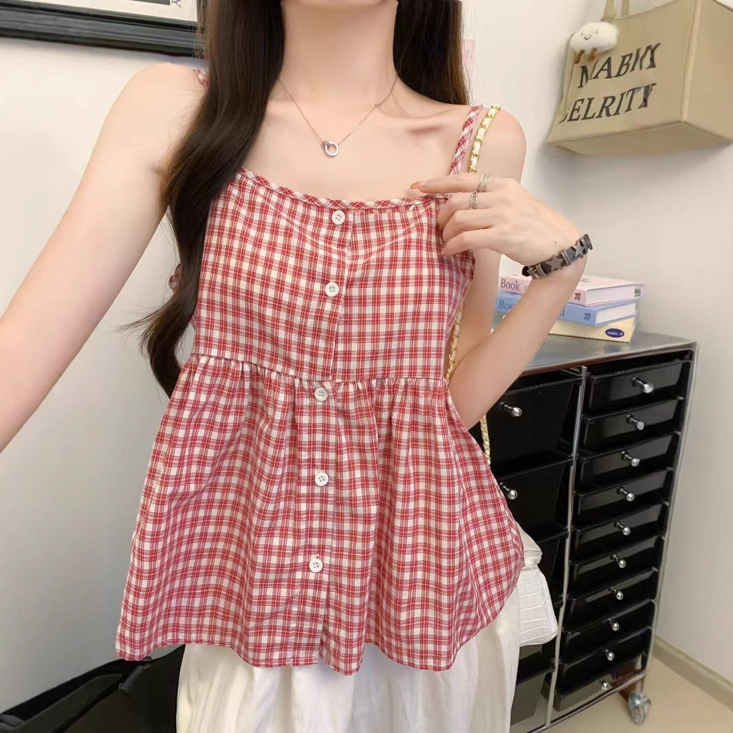 甜美吊带背心格子韩系设计感无袖