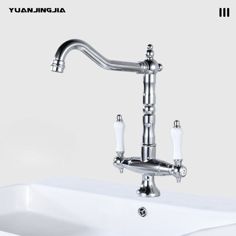 法式轻奢复古铜双把手水龙头冷热卫生间浴室柜陶瓷台盆水龙头