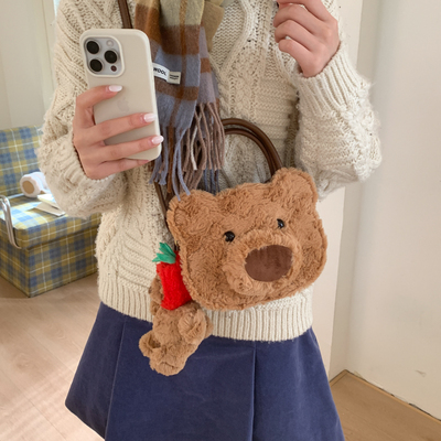2026新款韩版ins卡通可爱单肩包小熊时尚通勤手提包少女毛绒斜挎