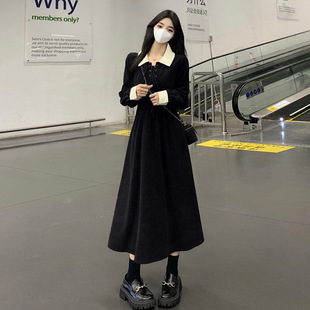 恒源祥秋冬法式赫本风复古翻领连衣裙女大码胖mm别致撞色拼接长袖