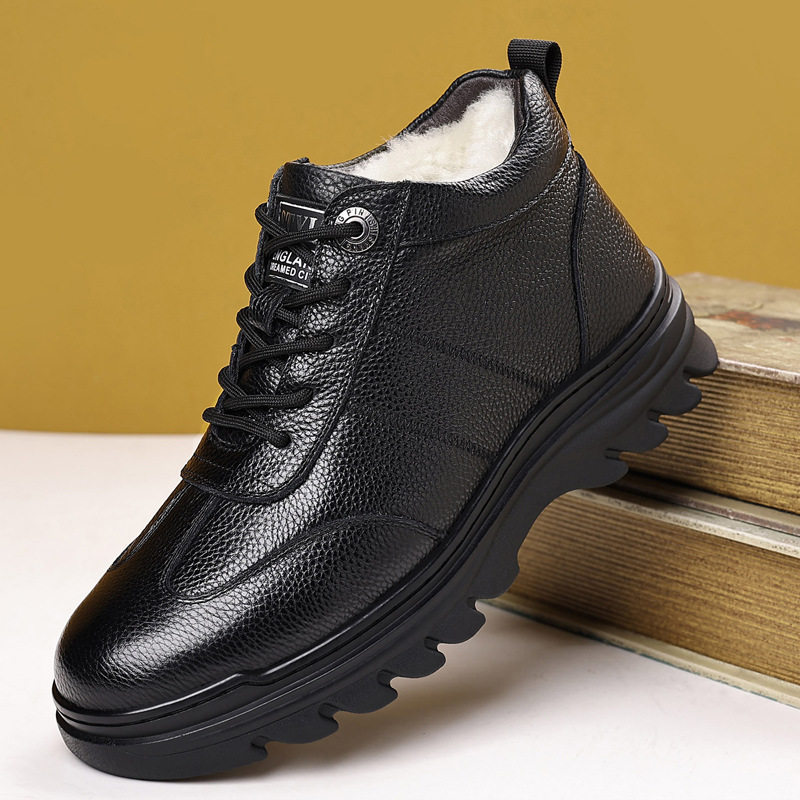 头层牛皮棉鞋男冬季加绒加厚商务休闲爸爸鞋防滑系带款保暖棉皮靴