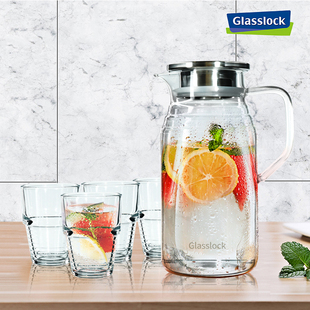 glasslock耐高温耐热玻璃水壶家用大容量凉茶果汁水壶水杯套装