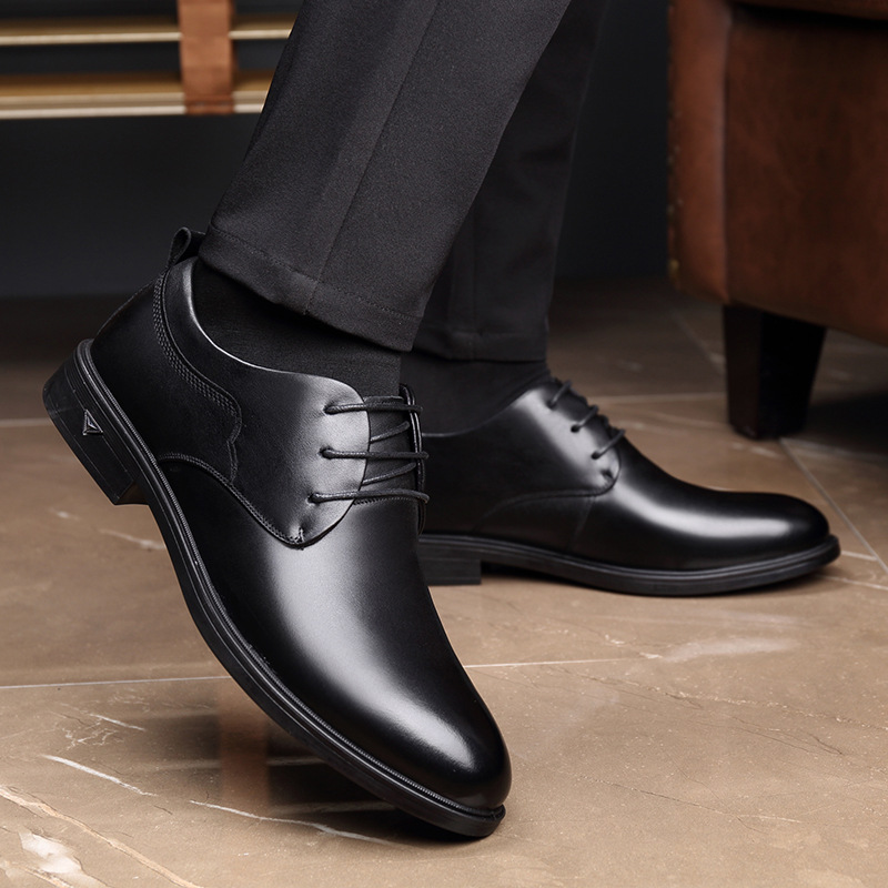 冬款奥伦牛皮套脚商务皮鞋耐磨透气系带头层牛皮正装品牌男鞋