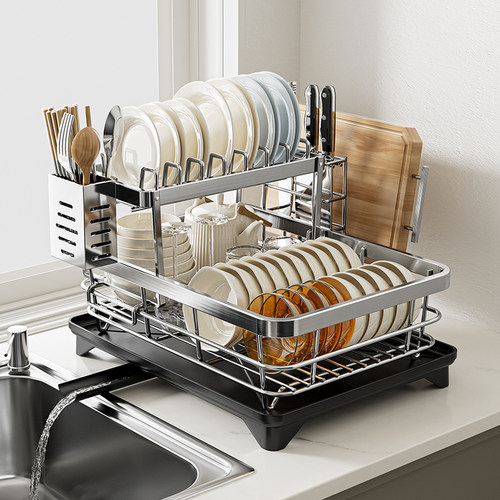 厨房304不锈钢双层碗碟收纳架