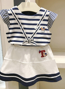 chris童装2026夏季新款女童海军风棉条纹短袖t恤儿童半身裙裤套装