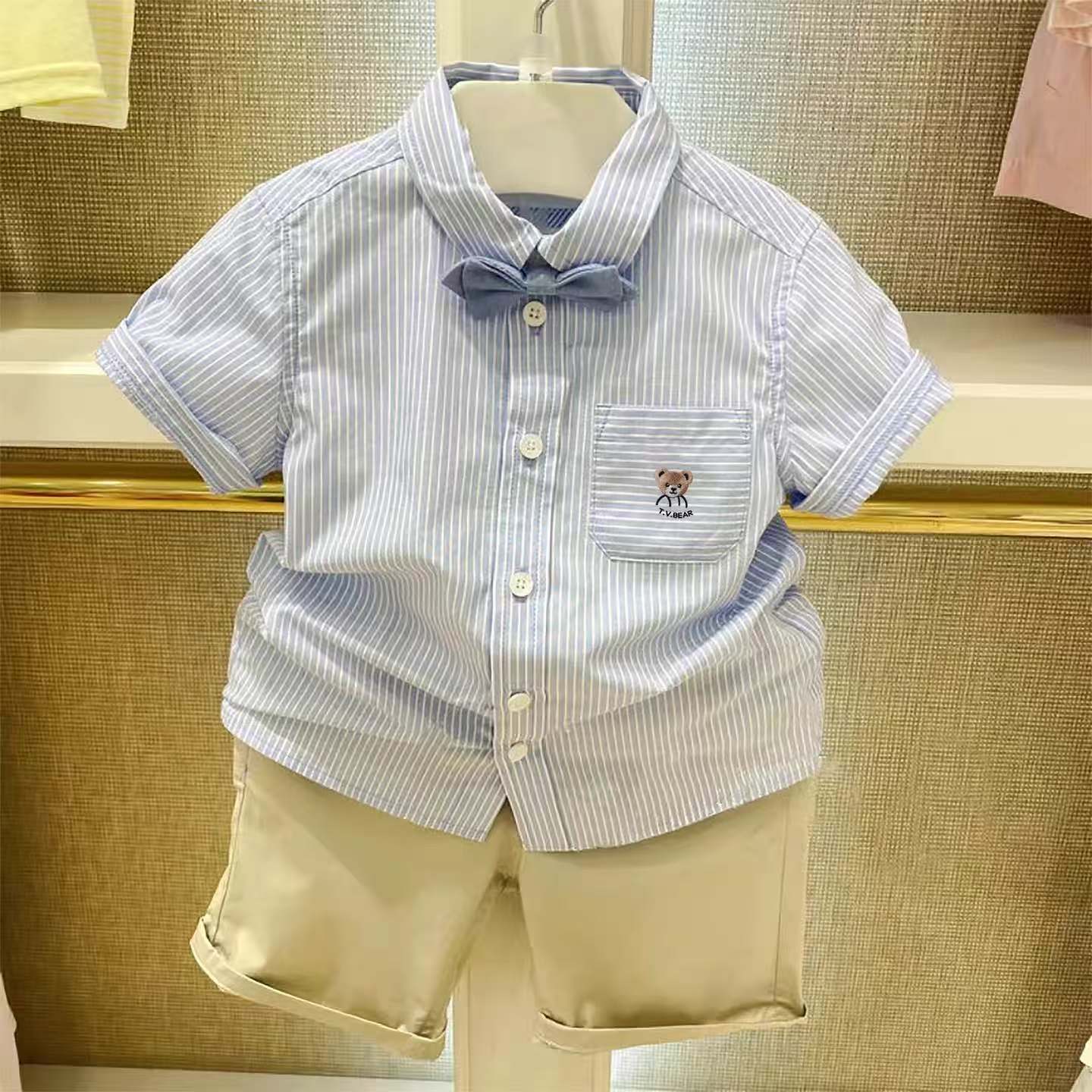 chris童装2026夏季新款男童中大童装全棉条纹短袖衬衣带领结衬衫图片