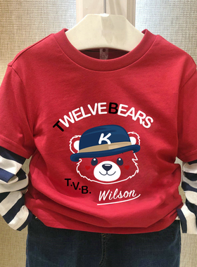 chris童装25春秋新款男童棉长袖T恤假两件条纹红色百搭打底衫