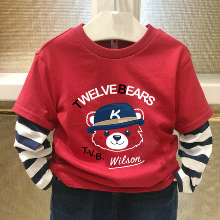 chris童装26春秋新款男童棉长袖T恤假两件条纹红色百搭打底衫