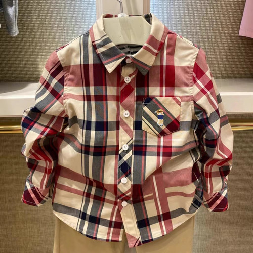 chris童装26春秋新款男童全棉长袖翻领衬衫休闲百搭经典格子衬衣