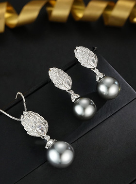 新款银灰色镶锆石贝母珍珠耳钉