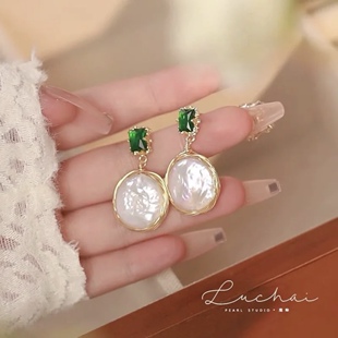 天然巴洛克异形珍珠耳环轻奢高级气质吊坠耳饰秋冬新款方形耳钉