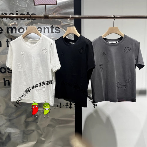 衣播2025夏季新款简约修身绣花圆领短袖T恤BDS2YD2528眺望远方
