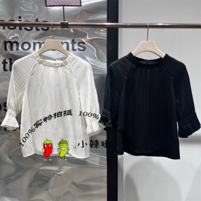 播女2025夏季新款镂空褶皱喇叭袖圆领短袖上衣BDS2HD2284周六