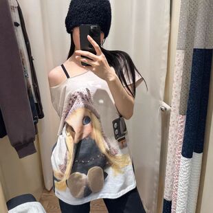 复古娃娃数码印花斜肩短袖T恤春夏设计感宽松套头上衣coyse*o