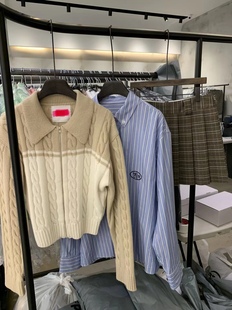 22秋季韩国东大门新款Helder撞色拼接麻花拉链polo领针织开衫毛衣