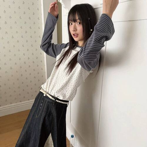SR 韩系纯棉碎花撞色条纹T恤女春秋字母刺绣宽松休闲上衣ae*e