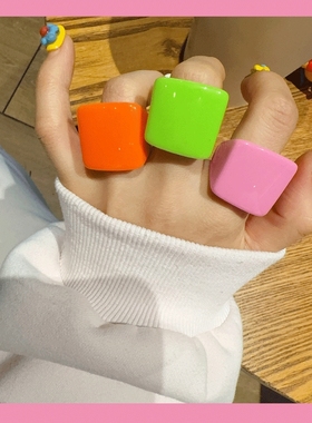 日韩卡通可爱少女原创新款闪粉彩色哥特风甜美指环方形