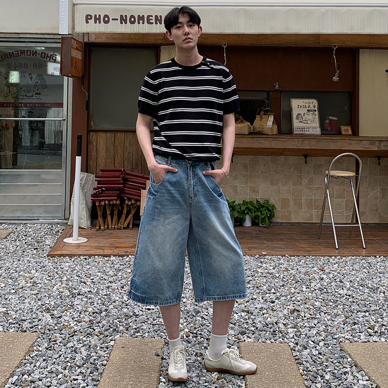 MOCARLCE美式高街七分牛仔裤男夏季宽松休闲阔腿显瘦直筒中裤男款图片