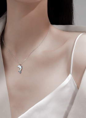 S999纯银海豚项链女新款小众设计法式小鱼吊坠锁骨链颈链女生饰品