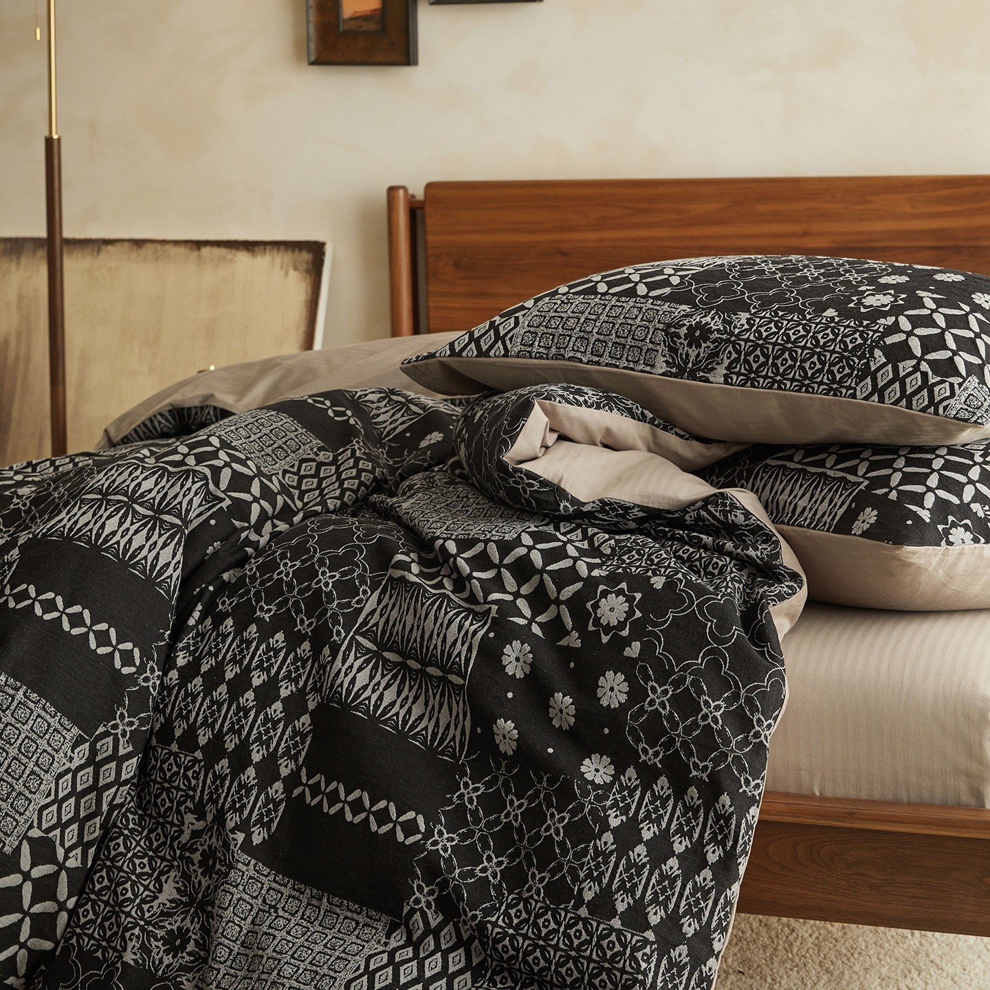 复古怀旧色织小提花全棉人字纹简约几何四件套纯棉床笠黑白庄园咖