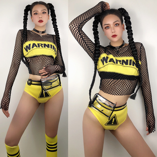 夜店gogo演出点舞服酒吧DS演出服性感女dj服装舞队黄黑网字母套装