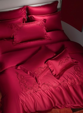 西式婚礼大红色结婚床品四件套高级感喜被婚庆被套婚房床单高端4