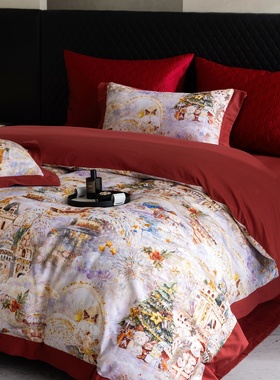 高端数码印花120D长绒棉四件套红色圣诞主题床品套件高档卧室全棉