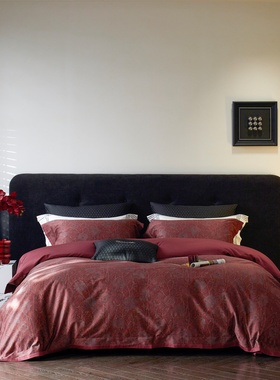 美式复古红色长绒棉四件套数码印花被套高级感轻奢被套床上用品