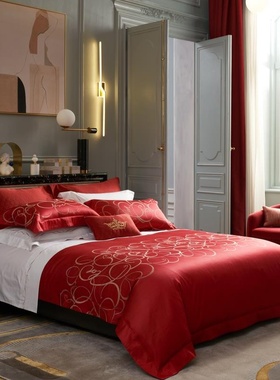 轻奢高级感色织提花红色结婚四件套高端婚嫁婚床被套高档婚庆床品
