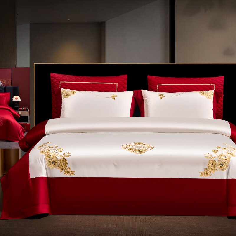 高端婚庆大红色婚嫁四件套结婚新婚床上用品奢华刺绣婚房布置套件