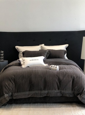 轻奢简约牛奶绒四件套冬季加绒保暖高级感床品套件深灰色被套床单