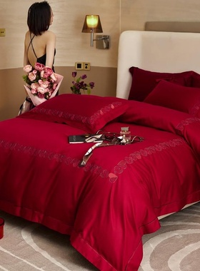 新婚红色床上用品婚庆四件套 100支新疆长绒棉结婚被套婚嫁床单