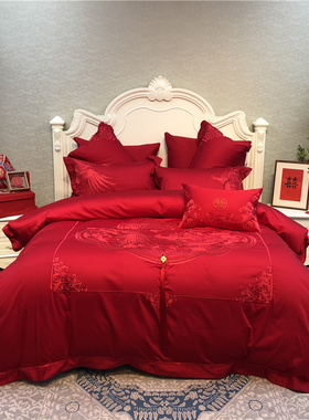 婚庆四件套喜被大红色纯棉全棉140支长绒棉刺绣龙凤结婚床上用品