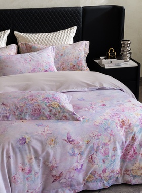LOOPS LOVE高端法式温柔风紫色碎花磨毛四件套纯棉高级感床上用品
